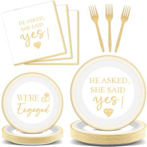 200Pcs Happy Engagement Party Supplies Engagement Paper Plates Napkins She Said Yes Party Tableware Set She Said Yes Disposable Dinnerware for Wedding Birthday Bridal Shower Decoration Serve 50