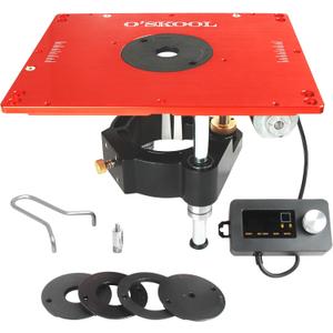 O'SKOOL Motorized Router Lift for 3-1/2" Routers, Fits BOSCH RA1181 RA1171 Tables, Digital Controller, 5 Insert Rings, Micro-Adjustment, CNC Aluminum Plate, RTS023