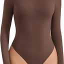 Avidlove Women's Crew Neck Long Sleeve Bodysuits Basic Slim Tops Double Lined Thong Bodysuit (Brown, L)