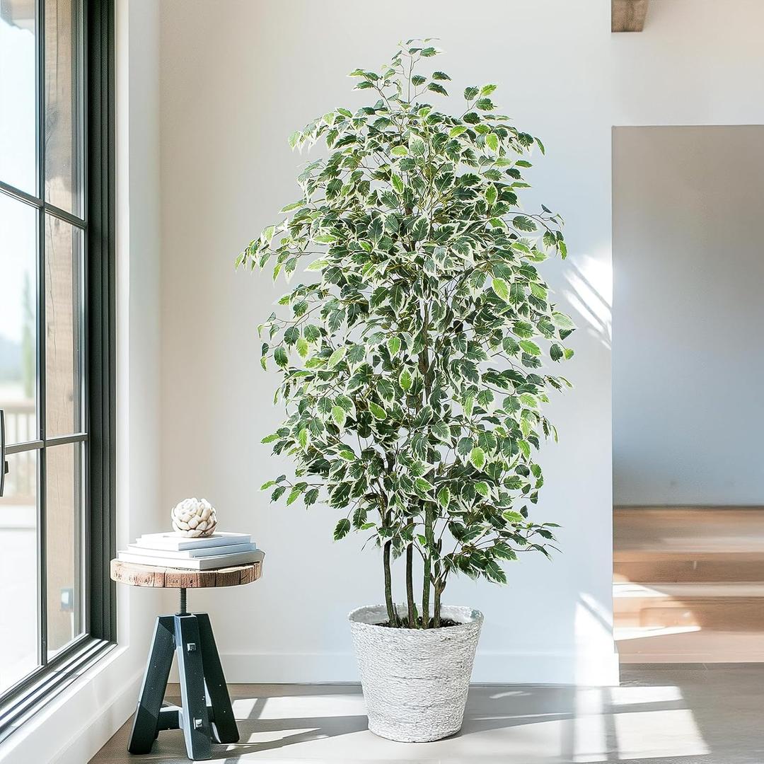 6 FT Artificial Ficus Tree 600 Leaves Faux Plants Indoor Tall with Black Pot Large Fake Tree for Home Office Living Room Decor