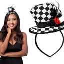 Nicky Bigs Novelties Mini Top Hat Headband - Black & White Checkered Clown Hat with Feathers & Rose, Jester Clown headband, Funny Hats For Women & Adults