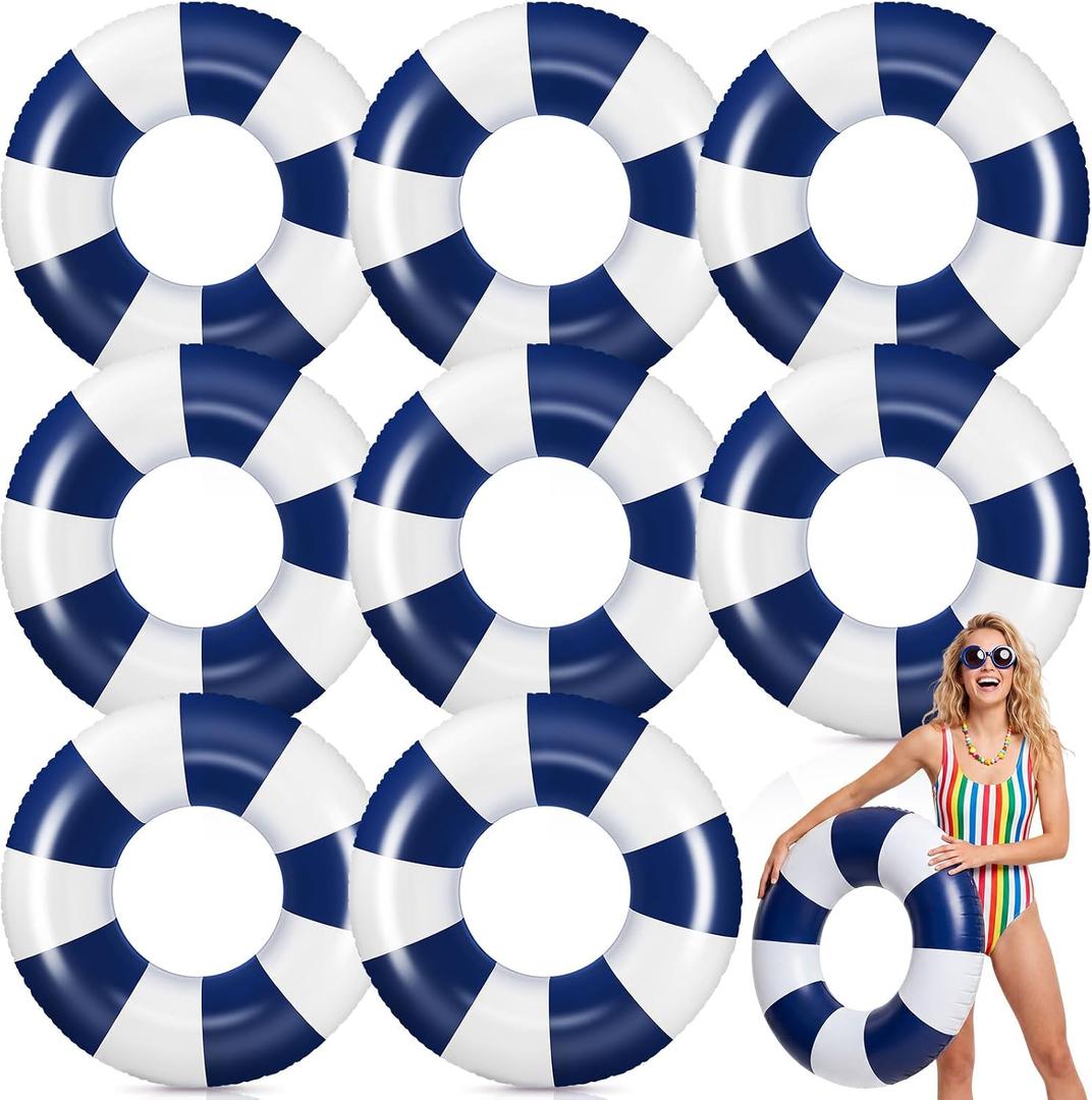 Gemscream 8 Pcs Large Inflatable Pool Floats for Adult 33.46 Inch Striped Swim Ring Toys Bulk Round Inflatable Swimming Pool Floating Tubes for Adults Teens Beach Summer Party, 35.43 Inch