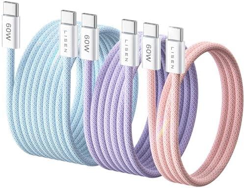 LISEN USB C Cable, 3-Pack [3.3/6.6/10FT] USBC to USBC Cable for iPhone 16e 15 Pro Max Charger Cord, 60W (3.1A) C to C Cable Fast Charging for Samsung S25/S24/23, Switch 2, iPad, MacBook