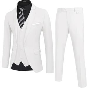 COOFANDY Men's 3 Piece Wedding Suit Set One Button Slim Fit Jacket Blazer Vest Pants Set Groom Prom Tuxedo Suits (Large, White)