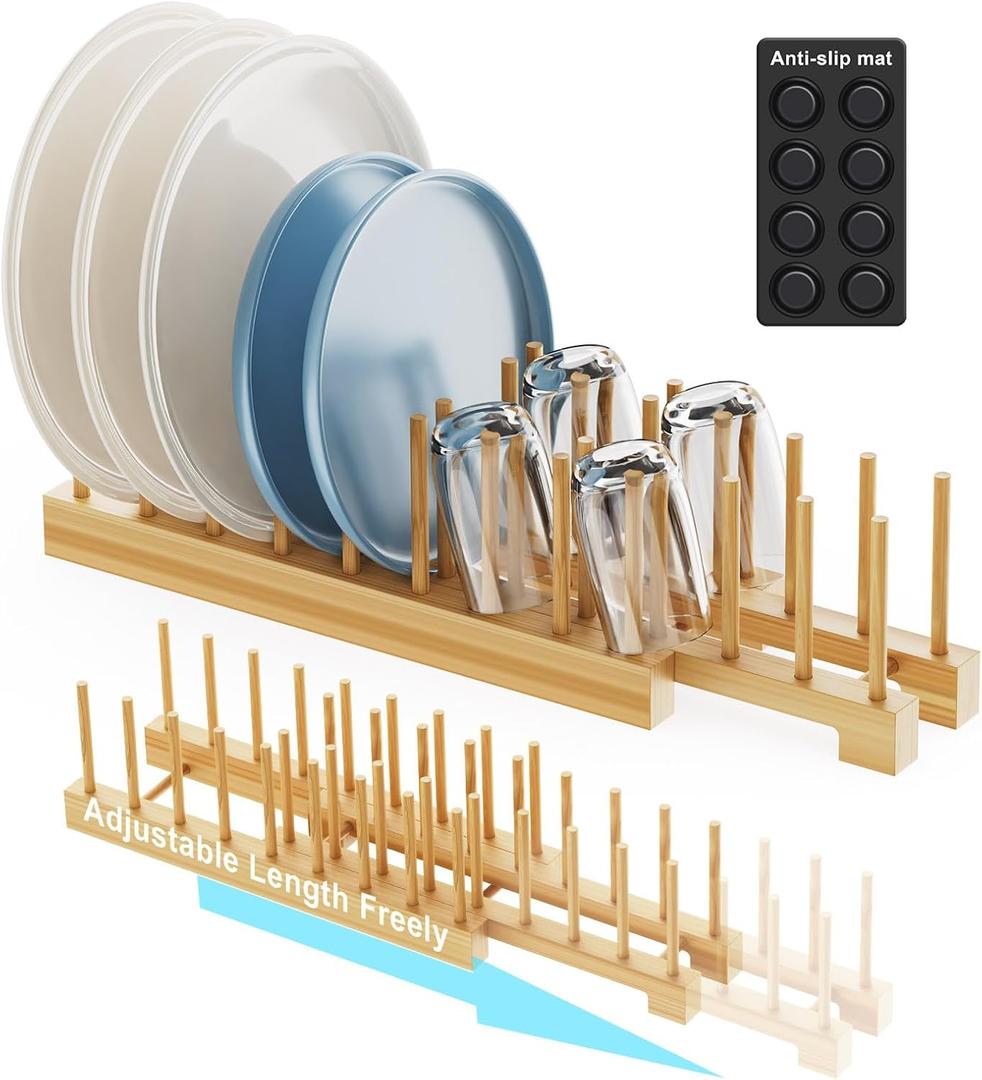 Bamboo Dish Rack - Expandable Plate Rack & Dish Drying Rack for Kitchen Cabinet Storage, Adjustable Multi-Functional Design Organizer for Plates, Bowls, Cups, Pots, Cutting Boards (Natural Bamboo)