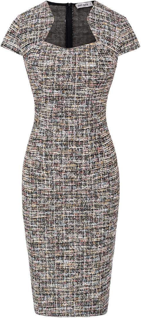 GRACE KARIN Womens Elegant Bodycon Dress Slim Fit Tweed Pencil Dress Cap Sleeve Black (Plaid) S