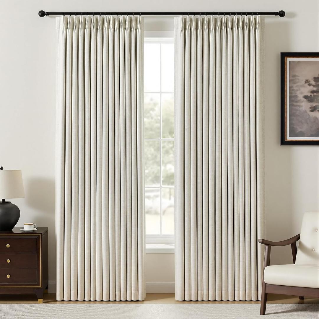 YZ HOME Pinch Pleated Linen Curtains 100% Blackout 90 Inches Long for Living Room Bedroom, Memory Thermal Insulated Room Darkening Window Drapes with Rings Hooks, 2 Panels, Natural, 40" Wx90 L