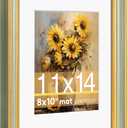 11x14 Picture Frame for 8x10 Photo with White Mat, HD Real Glass 11x14 Vintage Photo Frame with Gold Green Texture Border Horizontal & Vertical Display for Tabletop or Wall Decor (1 Pack)