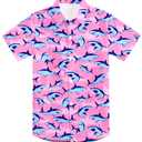 RAISEVERN Boys Button Down Shirts Hawaiian Cartoon Print Slim-Fit Short Sleeve Cool Dress Shirt Cute Top for Kids (3-4T, Shark)