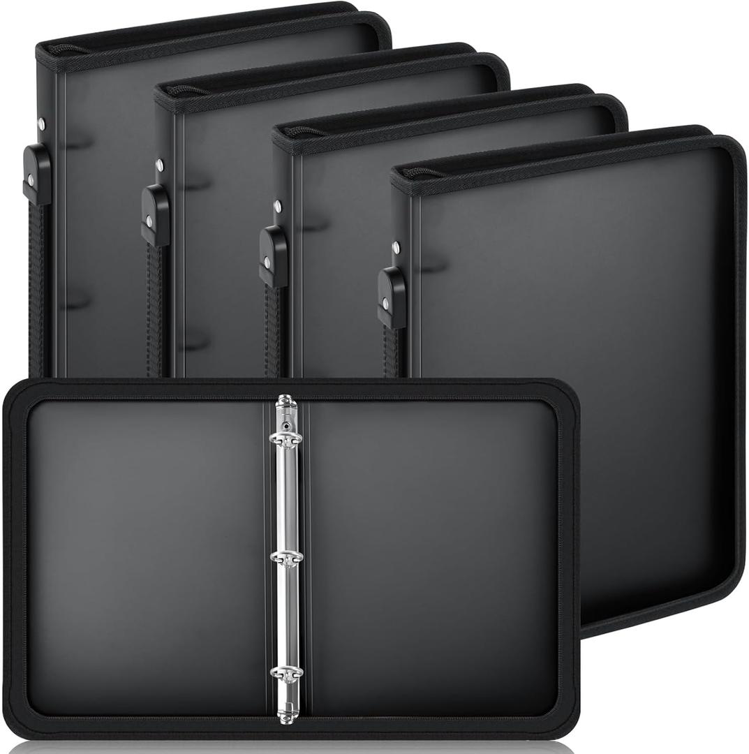 Teling 4 Pcs 1 Inch Black Zipper Binder with 3 Ring Zipper Binder, Refillable Plastic Clear File Organizer Planner for Projects, Assignments, Memos, School Work, 11.3 x 9.6 Inch