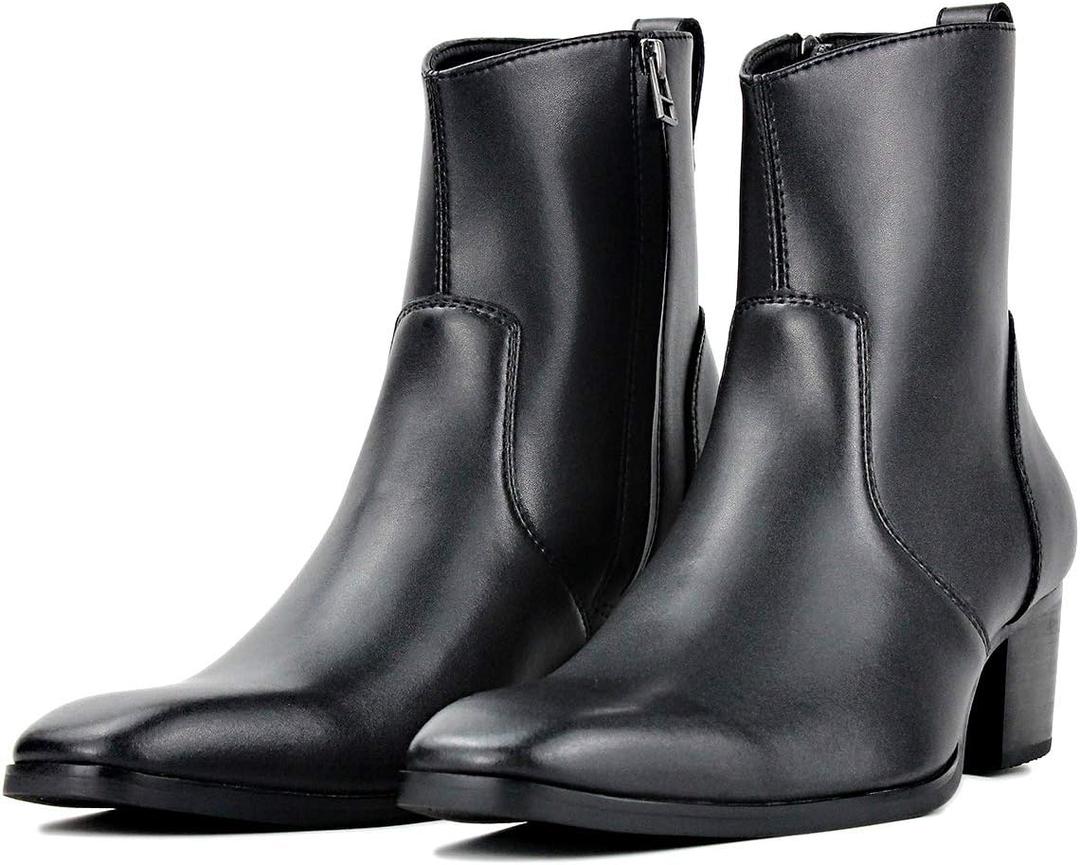 OSSTONE Men Chelsea Ankle Boots Leather Microfiber Chukka Designer Boots with Side Zipper Heel Dress Boots JY016 (9, Black)