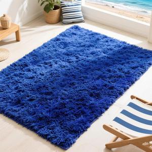 Small Bedside Rug, 3x5 Non Slip Fluffy Shaggy Entryway Throw Rugs for Bedroom Living Room, Indoor Floor Carpet for Kids Girls and Boys, Nursery Rooms Mat, Home Decor Aesthetic, Blue