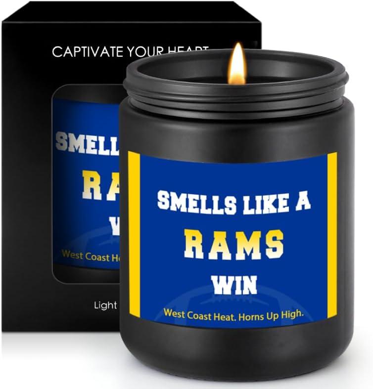 Smells Like A Rams Win Scented Candle Football Themed Merch Fan Shop Men Women Sport Stuff Gear Decor Los Team Accessories Husband Father Day Dad Happy Birthday Christmas Funny Cool Funny Gifts Ideal