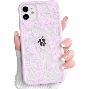 NITITOP Compatible with iPhone 11 Case Clear Cute Rose Flower Floral Leaves Pattern for Women Girls Color Frame Slim Durable Shockproof Protective Phone Cover - Pink
