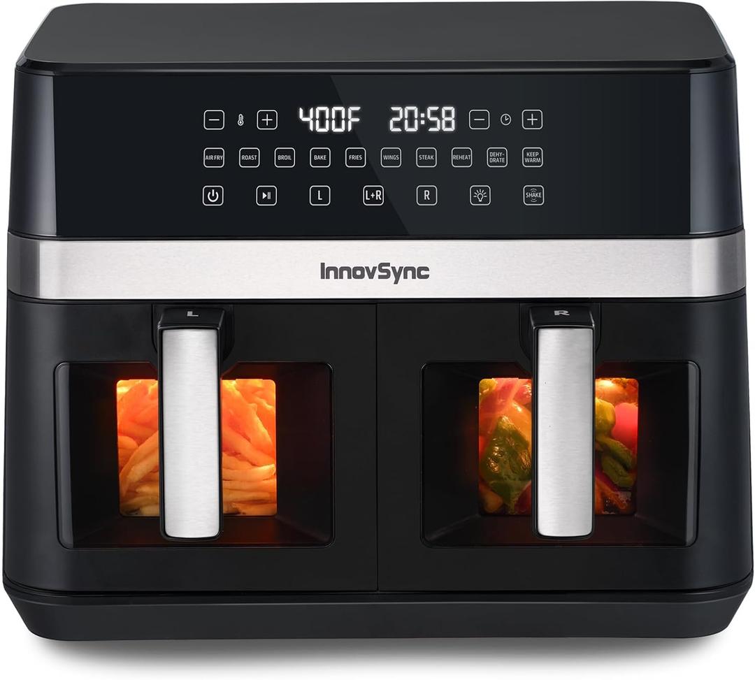 12QT Large Dual Air Fryer, 10-in-1 Double Zone Airfryer with 2×6QT Baskets, 60° Easy-Panel with Full Touchscreen, SyncCook Function, Viewing Window, Nonstick & Dishwasher Safe, 2 Dishes at Once, Black, 12 quarts