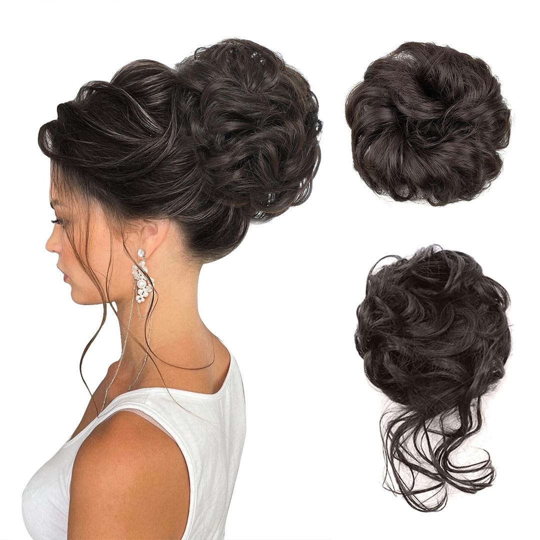 2PCS Messy Bun Hair Pieces Wavy Curly Hair Bun Synthetic Updo Hair Pieces for Women Fake Scrunchies Ponytail Extension Daily Wear Updo Donut Chignons #4 Brownish Black