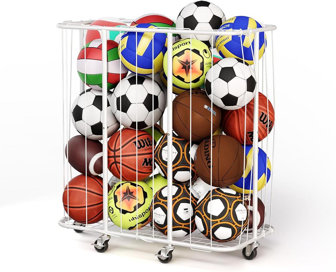YKDIRECT 250L Rolling Ball Organizer with Locking Wheels - Large Sports Storage Basket for Basketball Soccer Football Volleyball, Steel Garage Equipment Cart with Elastic Rope for Household Storage