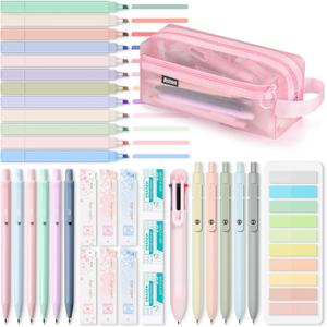 Asten 35 Pcs Aesthetic School Supplies, Clear Pencil Case with Pastel Pens and Highlighter, Mechanical Pencil 0.5 & 0.7 mm, 6-in-1 Multicolor Pen, Book Annotation Kit, College School Supplies for Girl