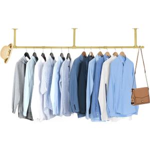 Oroonoko 72inch Industrial Pipe Clothes Garment Rack Ceiling Mount For Hanging Rod Bar for Laundry Room Up to Max Load 135Lb (Gold-HangStyle)
