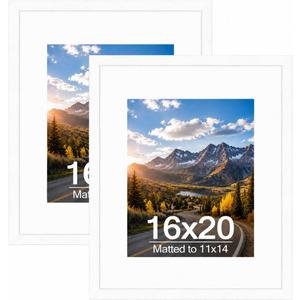 Wood 16x20 Picture Frame with 11x14 Mat White, Display 11x14 with Mat or 16x20 Without Mat, Wood 16 by 20 Photo Frame, 16 x 20 Frame for Wall Hanging Display, White, 2 Pack