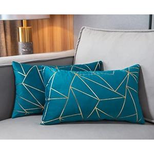 YONGLIU Pack of 1 Soft Velvet Lumbar Throw Pillow Covers Velvet Decorative Gold Foil Geometric Pattern Cute Cushion Case for Modern Homes Couch Sofa Bedroom Living Room (Aqua Blue and Gold, 12“X20”)