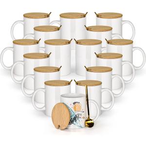 AGH 16pcs 11 oz Sublimation Mugs Blanks, White Coffee Ceramic Mugs Bulk, Plain Mug Cups for Sublimation with Bamboo Lids and Stainless Steel Spoon For Coffee, Soup, Tea, Milk, Latte