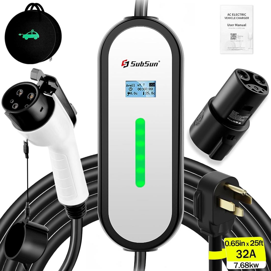 SubSun Universal Portable Level 2 EV Charger 32Amp 240V Electric Car Charger for All North American EVs Includes J1772 and Tesla, 25FT EV Charging Cable with NEMA 14-50 Plug (with Tesla Adapter) (White)