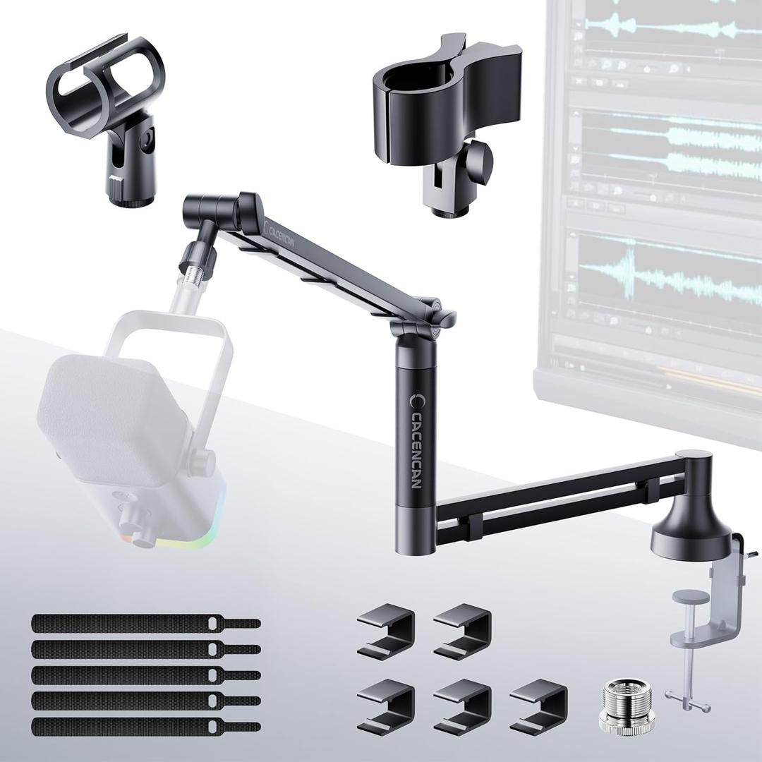 M05 pro Boom Arm, 360° Rotatable Microphone Stand with Desk Mount, Foldable Desk Mic Arm with 3/8'' to 5/8'' Screw Adapter, Microphone Arm for Live Streaming, Gaming (Black)