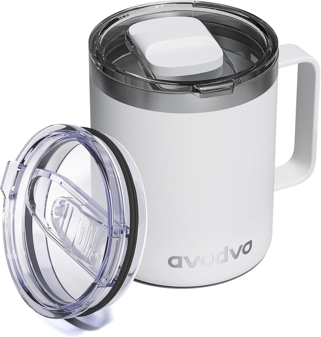12oz Insulated Coffee Mug with Lid  Includes Two Lids, Stainless Steel Coffee Travel Mug with Handle, Double Wall Vacuum Insulated Camping Mug for Home, Office & Outdoor, White