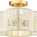 Rattan Light Fixtures Ceiling Mount, 4-Light 14" Boho Semi Flush Mount Ceiling Light with White Hand-Woven Shade in Quatrefoil Shape for Kitchen Nursery Bedroom, Gold, AD-22007-4SF-RA-WH