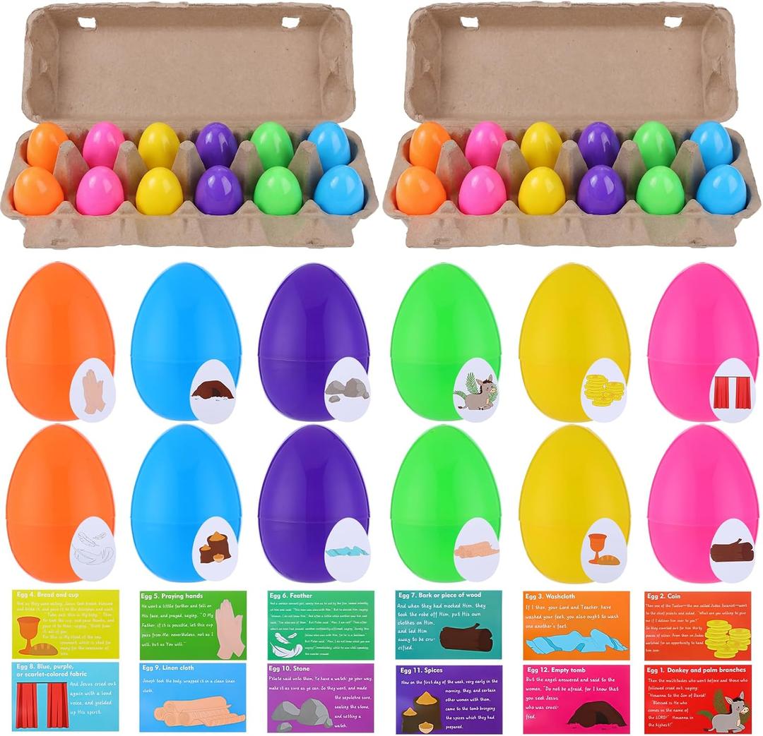 78 Pcs Easter Eggs with Matching Religious Story Cards Christian Easter Craft Kits Egg Shape Cards Christian Plastic Eggs for Basket Stuffers Holy Week Gift