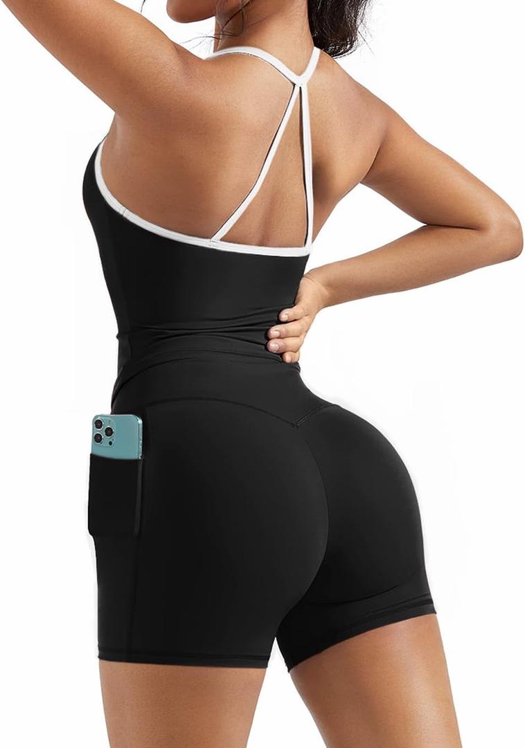 OMKAGI 2 Piece Workout Sets for Women Padded Sports Bra Tank Booty Gym Shorts with Pockets(M, 284-Black White Piping)