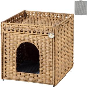SETVSON Cat Litter Box Enclosure Furniture, Hidden PE Rattan, NaturalPE Rattan Kitty House with Top Fence, Fits Standard Litter Box, Included Litter Mat, 2 S-Hooks, Sturdy Metal Frame