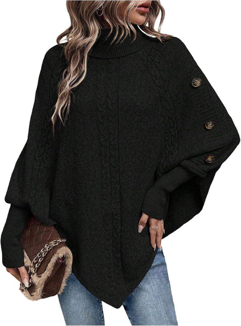 MakeMeChic Women's Poncho Sweater Asymmetrical Turtleneck Knit Pullover Sweater Button Oversized Long Sleeve Poncho (Black)