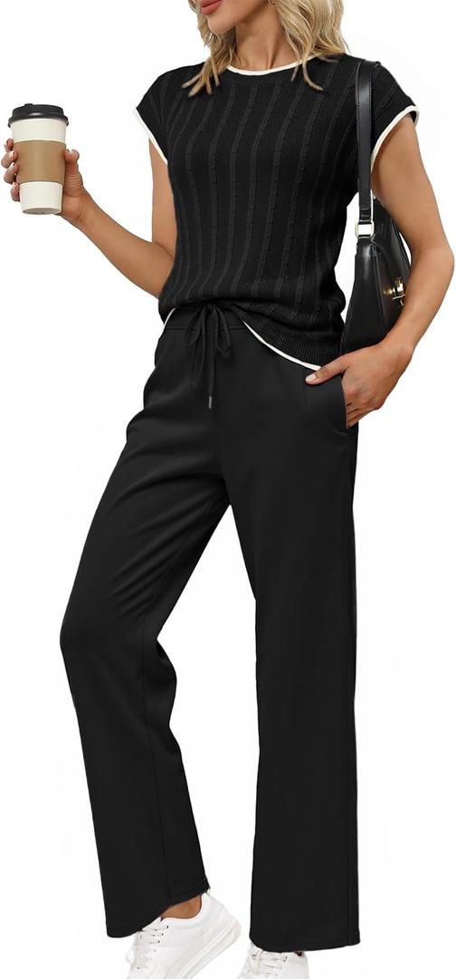 Glamaker Womens Lounge Two Piece Outfits Summer Knit Casual Travel Crew Neck Sets Cap Sleeve Tops & Wide Pants 2025 Trendy (XL, Black)