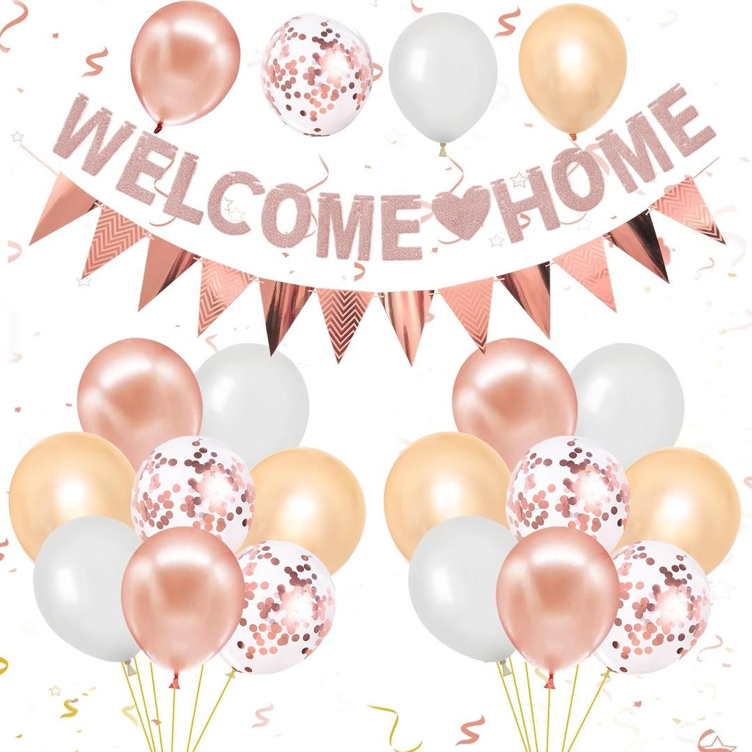 Welcome Home Decorations,Rose Gold Welcome Home Balloons Banners Set,Welcome Home Glitter Banner with Confetti Balloons,Pennant Flag Bunting for Home Family Baby Shower Welcome Back Party Supplies