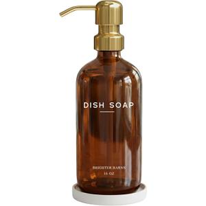 Luxury Glass Dish Soap Dispenser for Kitchen Sink by Brighter Barns - Kitchen Soap Dispenser Set with Pump & Tray - Refillable Glass Bottle for Liquid - Luxury Home Decor for Airbnb, Gift (Amber/Gold)