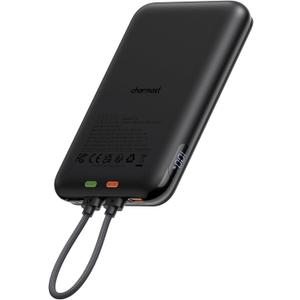 charmast 10000mAh Wired Portable Charger, 20W Fast Charging Slim Power Bank with Removable Cable for iPhone & Android, Hand-Free Battery Pack with Digital Display for Short Travel (No-Wireless)