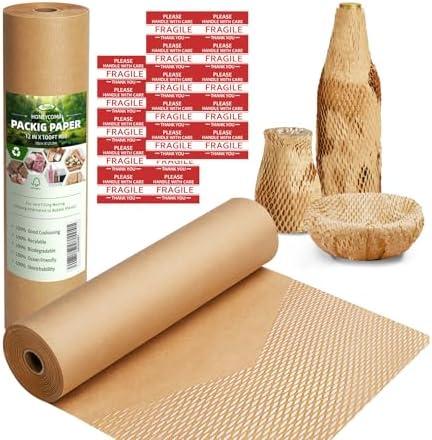 Honeycomb Packing Paper,12" W x 100' L Packing Paper for Moving,Products & Gifts Honeycomb Wrapping Paper,Recyclable and Biodegradable Cushioning Packing Material with 10 Fragile Sticker Labels