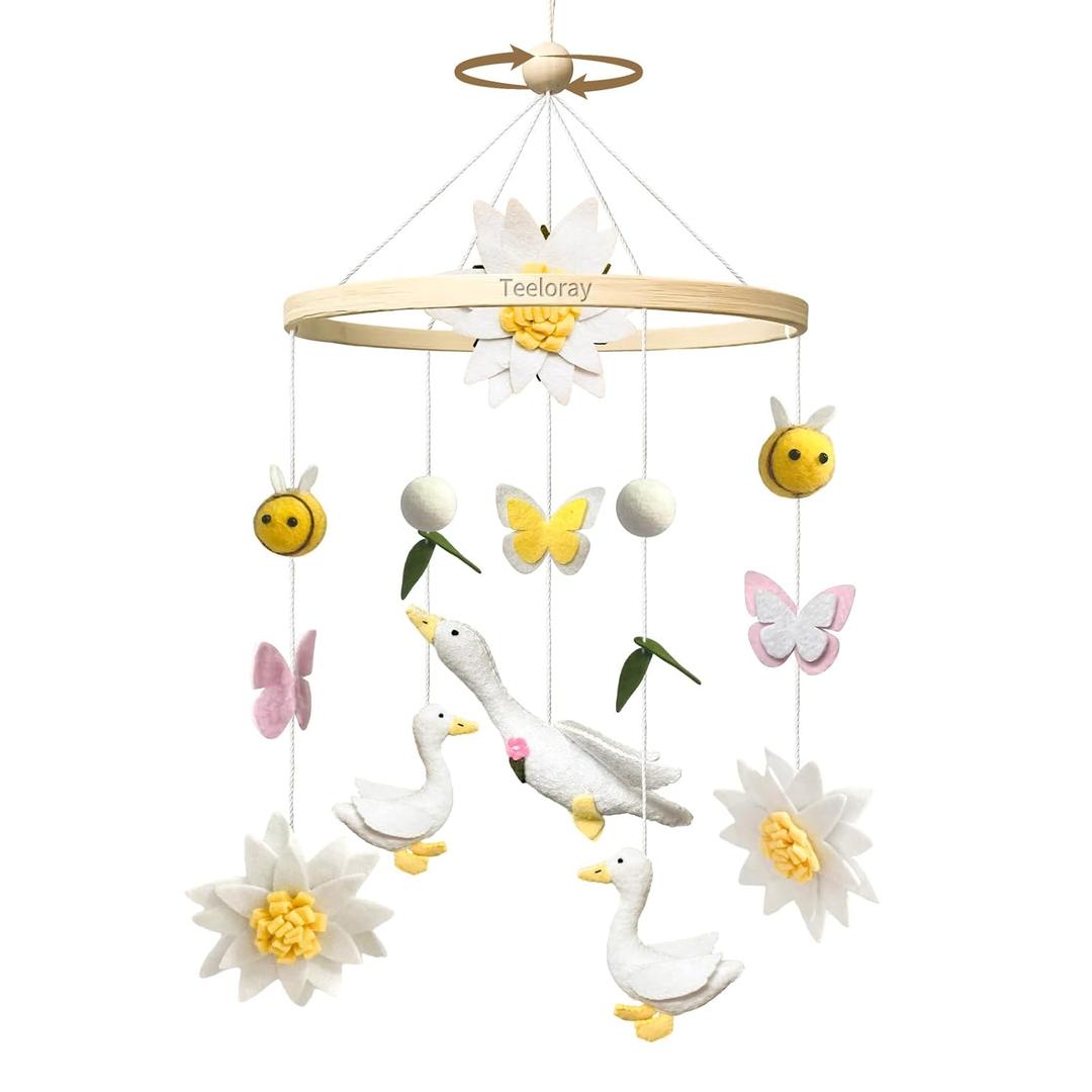 Baby Mobile for Crib Goose Nursery Decor Handmade Felt Crib Mobile for Bassinet One Silly Goose Birthday Decorations Flowers Butterflies Bees Room Hanging Decor Baby Shower Newborn Gifts