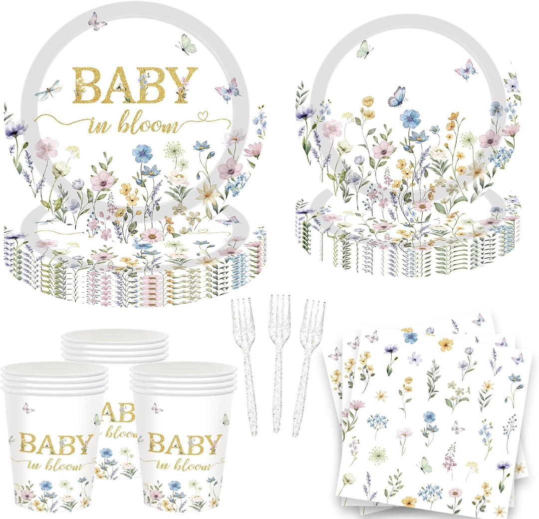 120PCS Wildflower Baby in Bloom Party Supplies for Girls, Spring Floral Baby Shower Paper Plates 9" Dessert Plates 7" Napkins Cups Forks Tableware - Serve 24 Guests 120PCS Wildflower Baby in Bloom Party Supplies for Girls, Spring Floral Baby Shower Paper Plates 9" Dessert Plates 7" Napkins Cups Forks Tableware - Serve 24 Guests