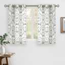 LAMIT Cafe Linen Curtains 45 inch Length for Small Windows, Light Filtering Semi Sheer Linen Curtains Grommet Vintage Damask Flower Pattern Drapes for Kitchen, 2 Panels, 34 x 45 Inch, Greyish Blue