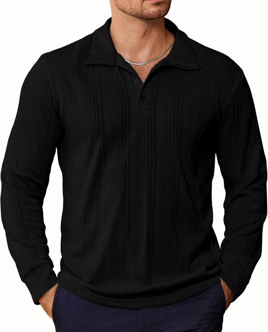 PRIVIMIX Mens Knit Polo Shirts Long Sleeve Fashion Textured Polo Sweater Stretchy Pullover Sweaters for Men Casual Golf Shirt (Black, L)