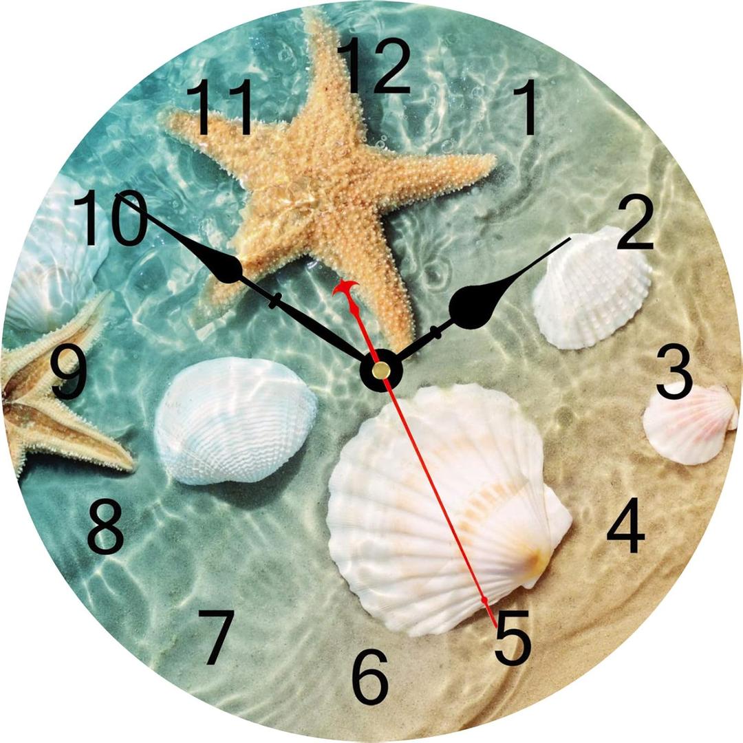 TAHEAT 8 Inch Coastal Seashell Starfish Wall Clock, Accurate Decorative Clocks, Silent Non Ticking Easy to Read Wall Clock for Bedroom/Living Room/Kitchen