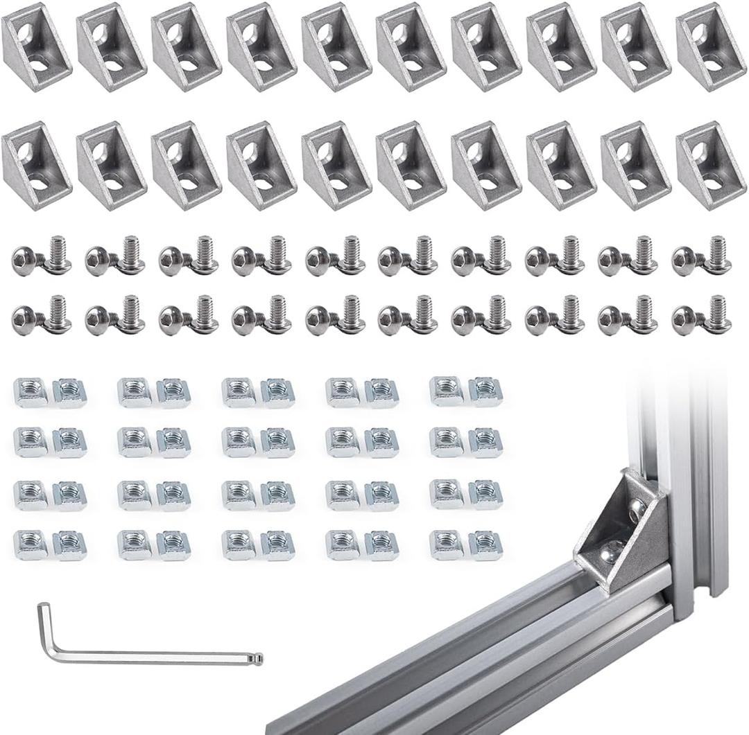 20 Sets Silver 2020 Corner Bracket Kit for 2020 & 2040 Aluminum Extrusion Rail - Brackets, M5 Sliding T-Nuts & Hex Screws, Ball-End Hex Wrench  for 20 Series 6mm T Slot Extruded Aluminum Hardware
