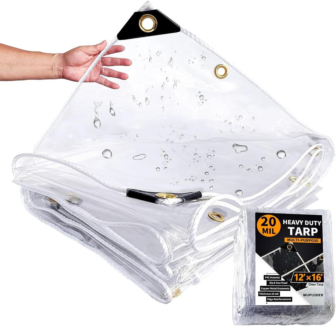 1216ft, Clear Tarp with Grommets, 20 Mil, Vinyl Tarpaulin Heavy Duty Waterproof, Reinforced Edges, Outdoor Greenhouse Tarps, Rainproof, for Garden, Patio, Cars