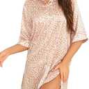 Anjue Satin Nightgown For Women 3/4 Sleeve Silk Nightshirt Button Down Pajamas Dress Boyfriend Sleepshirt Size S