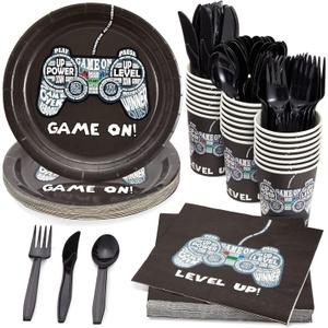 144 Piece Video Game Party Supplies Set, Serves 24 Includes Plates, Napkins, Cups, Cutlery  Video Game Birthday Decorations for Gamers & Themed Parties Decorations