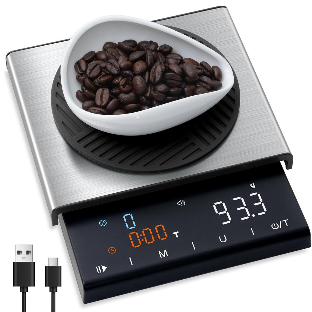 Coffee Scale with Timer, 0.1g High Precision Espresso Scale, Pour Over Coffee Weight Scale Rechargeable Coffee Scale for Espresso with Color LED Display, Touch Sensor, Silicone Cover (3 kg - Normal Size)