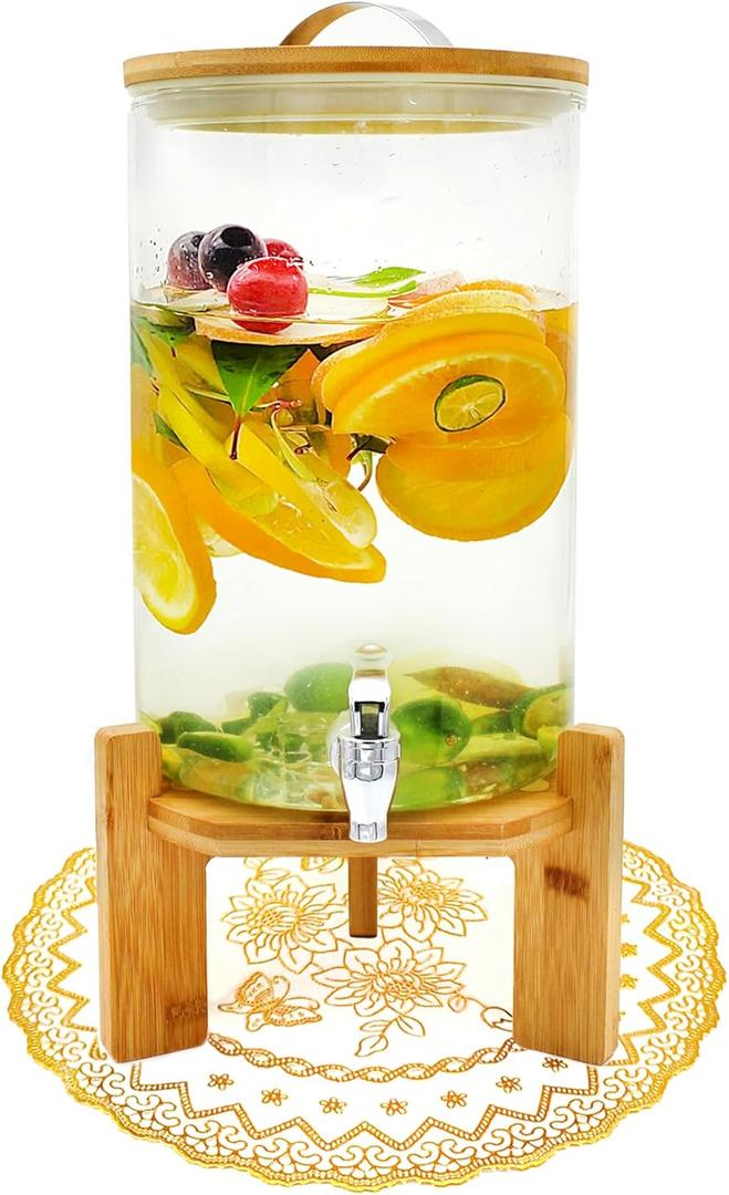 Winsterch 2 Gallon Drink Dispenser for Parties, Glass Beverage Dispenser with Wood Stand and Spigot, Lemonade, Tea, Juice Dispenser Daily Use